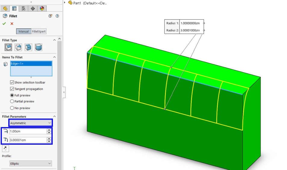 نحوه اعمال constant size fillet بصورت نامتقارن یا asymmetric fillet در solidworks 2020